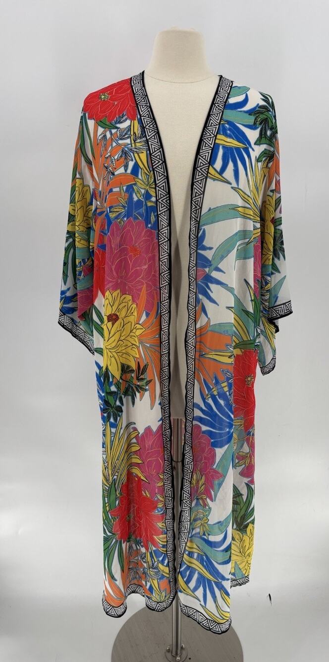Free Market Kimono Cover Up Womens Large Multicolor Floral Tropical Maxi Sheer